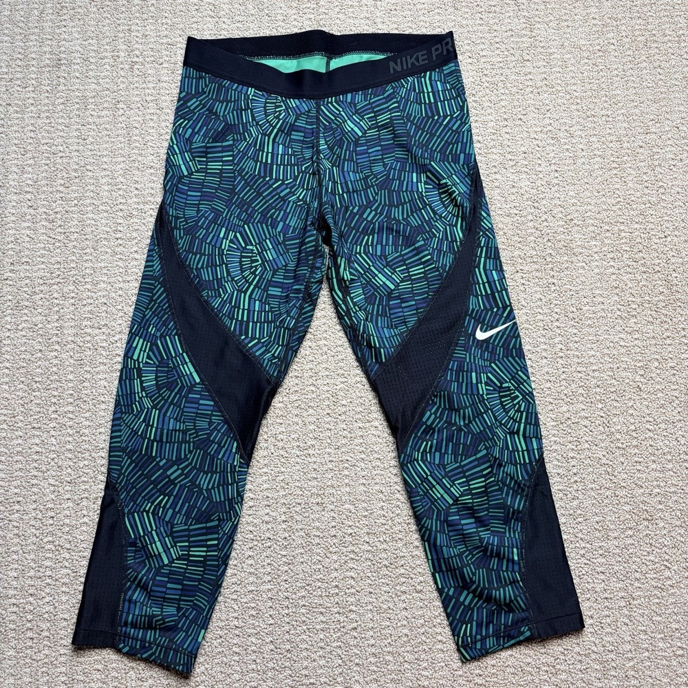 Nike Pro Dri-Fit Womens XL Cropped Leggings  Green Blue Geometric Mesh Active